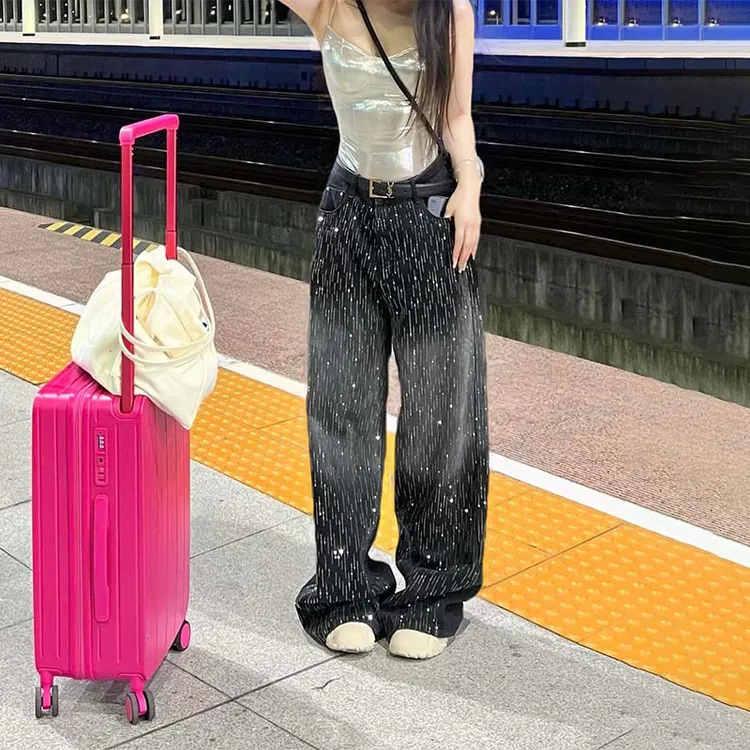 复古设计感重工烫钻直筒牛仔裤女2025秋冬新款宽松高腰显瘦阔腿裤