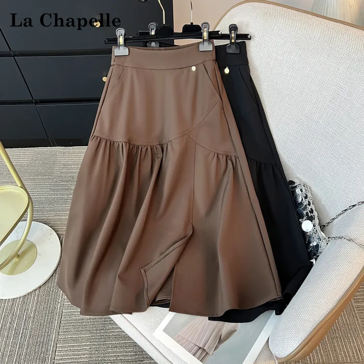 拉夏贝尔不规则半身裙女2025春季新款高腰显瘦遮胯a字伞裙百褶裙