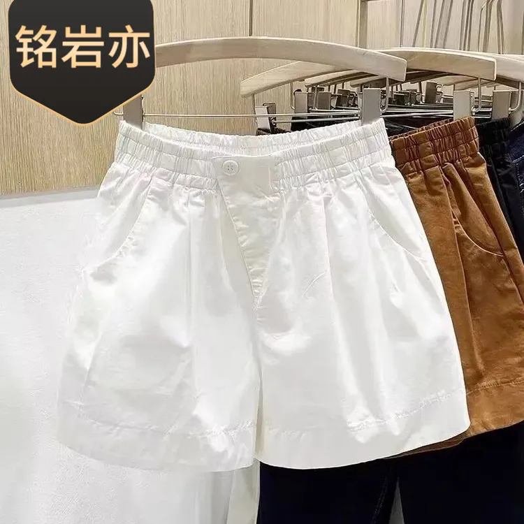 美式复古潮流休闲高腰工装裤女2025夏季松紧腰宽松阔腿短裤五分
