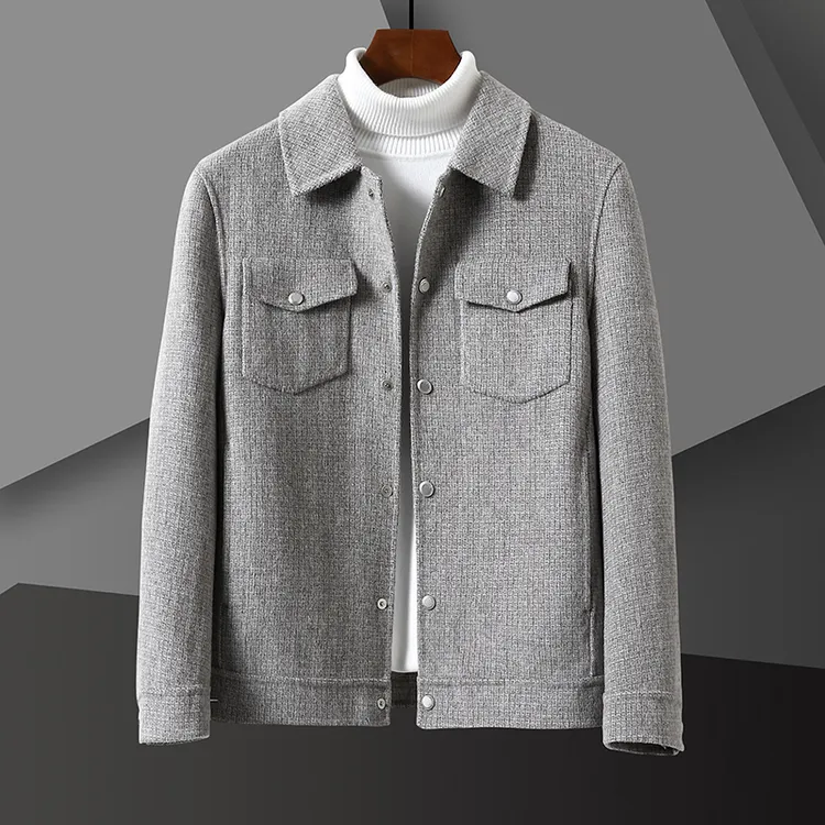 秋季男士短款天丝羊毛双面呢外套时尚韩版休闲保暖翻领夹克8833