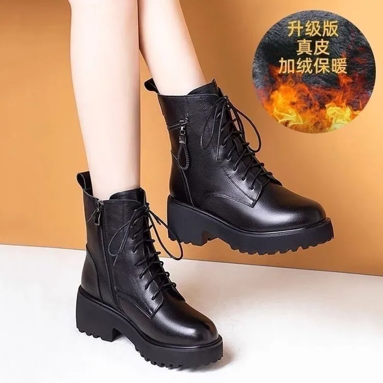 新店开业百搭英伦风真皮保暖皮加绒时尚内增高厚底粗跟女靴秋冬季