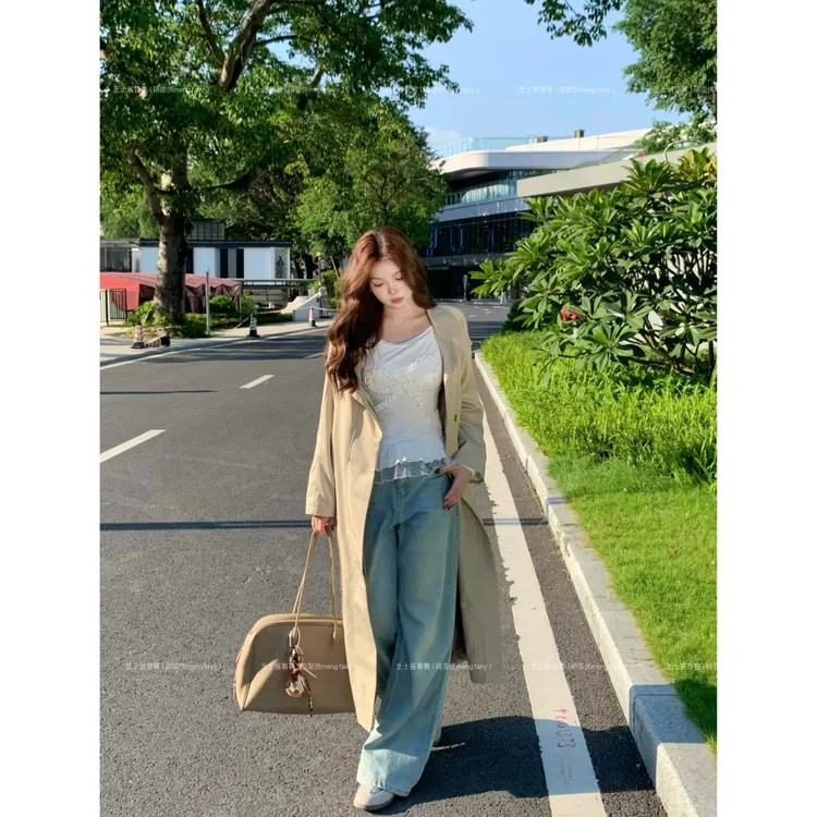 MengFairy现现【极简高智】韩系宽松百搭松弛感风衣外套流光风3646M