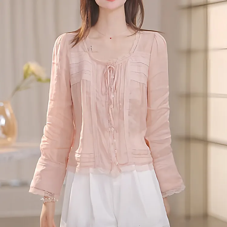 2025年洋气法式粉色精致花边圆领长袖衬衫女设计感洋气百搭上衣潮