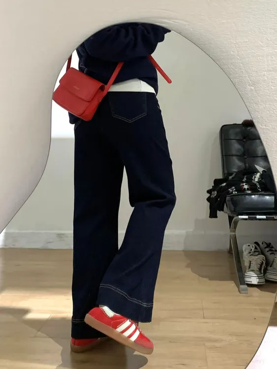深蓝色A版阔腿牛仔裤女秋季新款大码胖mm宽松显瘦梨形身材直筒裤