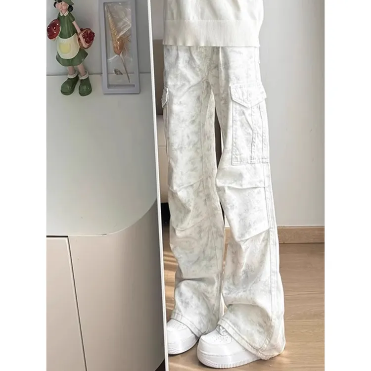 cleanfit白色脏脏扎染牛仔裤男款夏季褶皱伞兵裤子美式微喇直筒裤