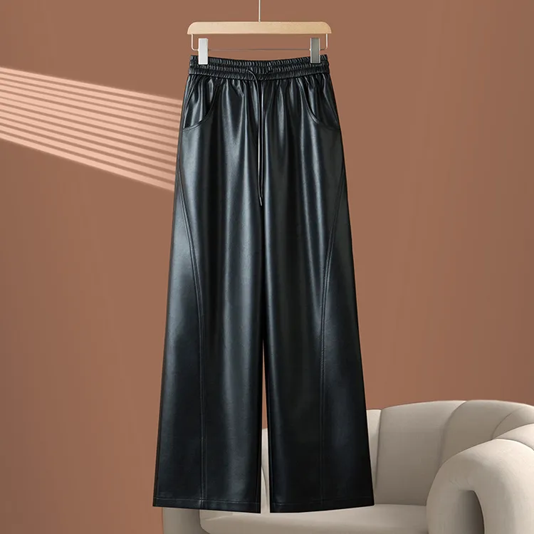 咖色松紧腰皮裤女秋冬新复古高级感休闲防风弯朷阔腿裤子跨境