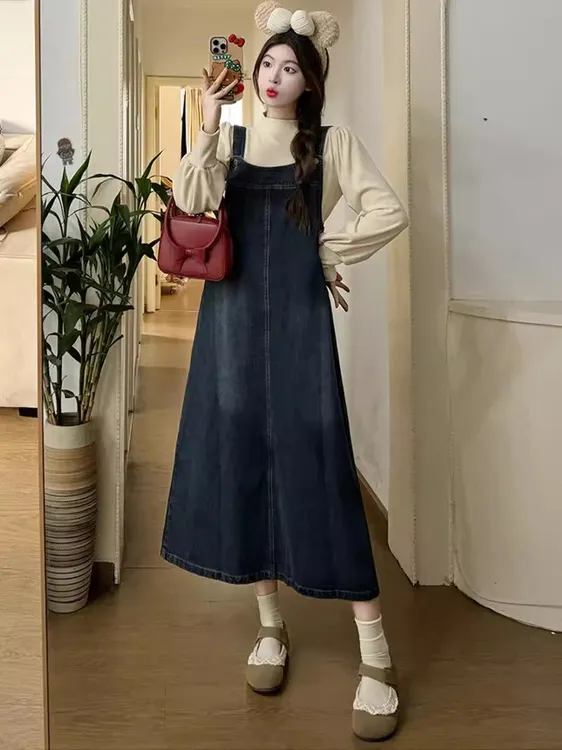 复古牛仔背带裙女春秋2025新款中长款宽松显瘦开叉盐系减龄连衣裙