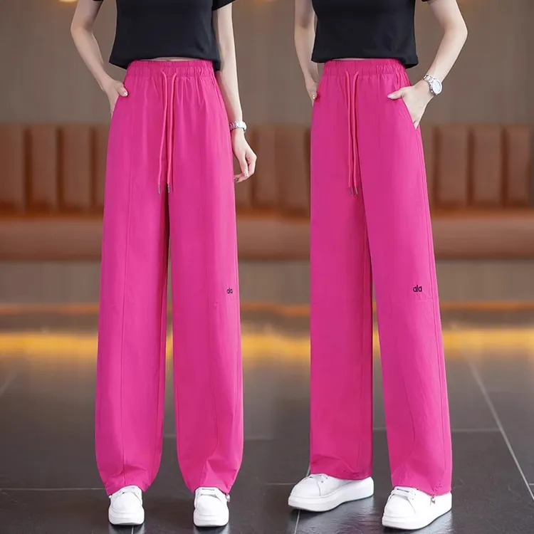 玫红色美式工装直筒裤女2025夏季新款薄款速干冰丝裤休闲束脚裤子