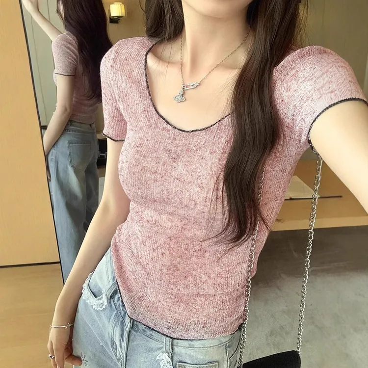 撞色锁边薄款正肩修身短袖T恤女夏季韩系新款针织衫学生上衣