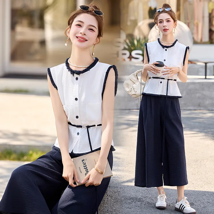 纯欲裙裤小香风时尚套装短袖显瘦阔腿裤时尚韩版衬衫休闲气质上衣