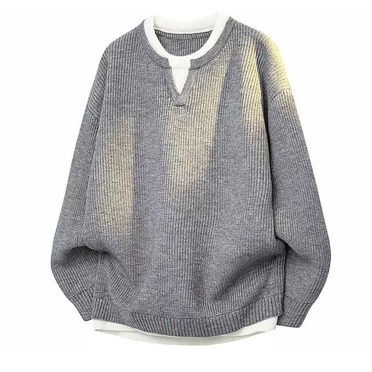 日系简约假两件长袖拼接针织毛衣男女套头宽松纯色打底北极绒上衣