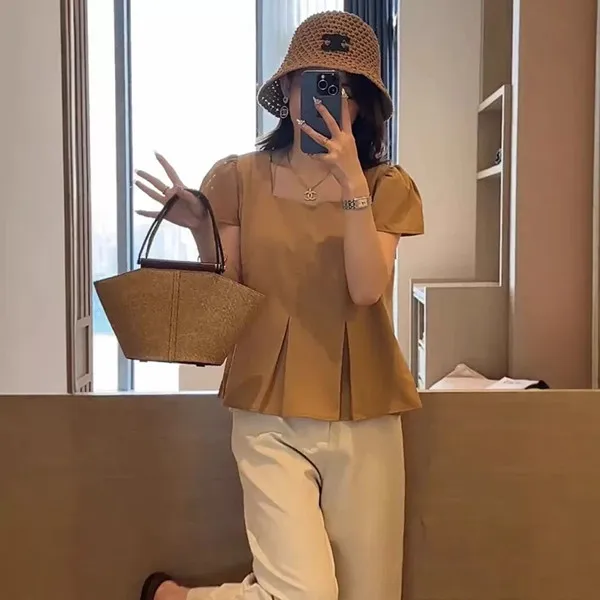 法式方领压褶短袖衬衫上衣女2025夏季新款设计感遮肉显瘦上衣