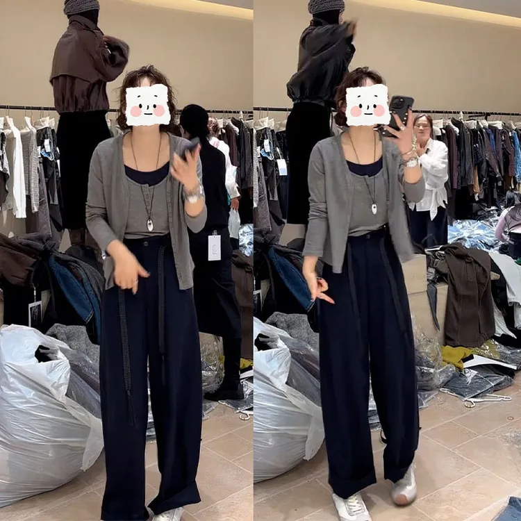 早秋韩系新款休闲时尚宽松开衫内搭阔腿裤气质简约显瘦三件套