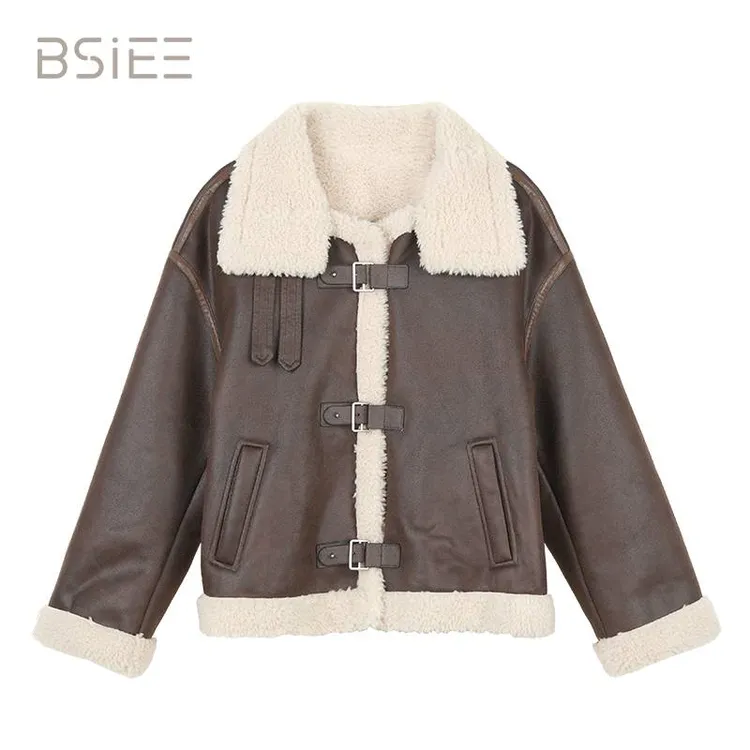 BSIEE本涩翻短款领外套时尚韩版洋气长袖秋冬加绒拼接