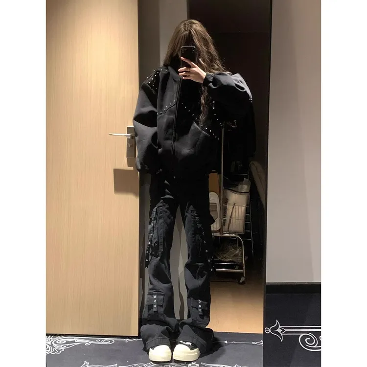 美式高街杜宾犬耳朵连帽卫衣男款秋季高级感cleanfit情侣开衫外套