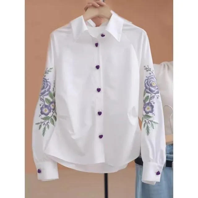 大码polo领重工刺绣白色衬衫女2025春季胖MM时尚宽松休闲打底上衣
