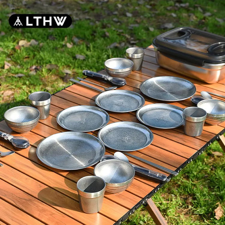 LTHW旅腾 户外餐具便携套装露营复古怀旧野餐碗盘杯筷勺304不锈钢
