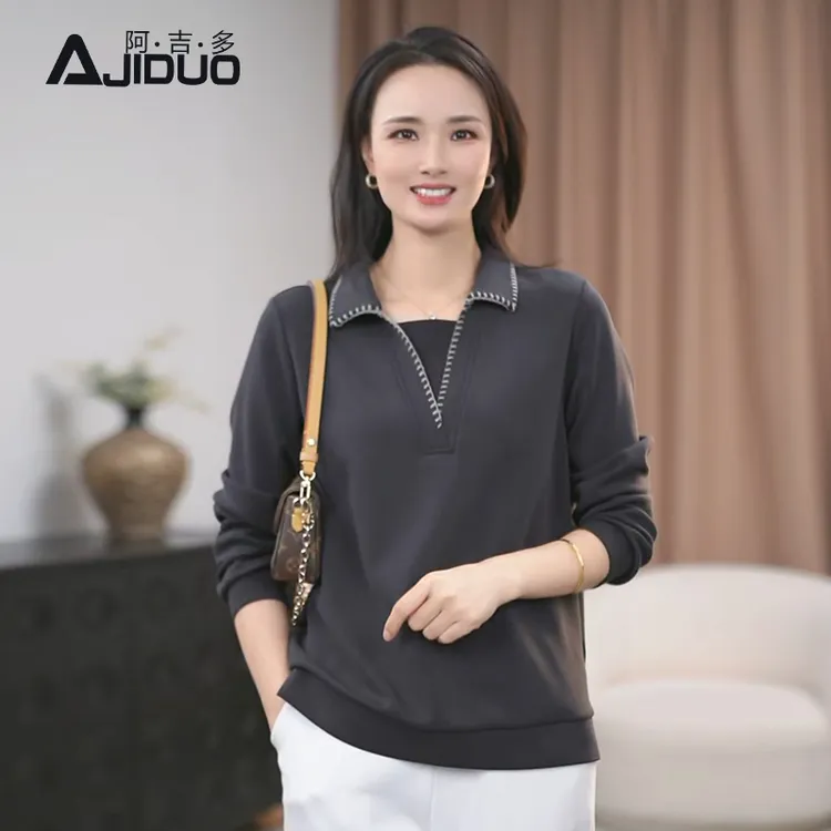 阿吉多灰色长袖t恤女春秋2025新款翻领通勤休闲大码宽松高级上衣