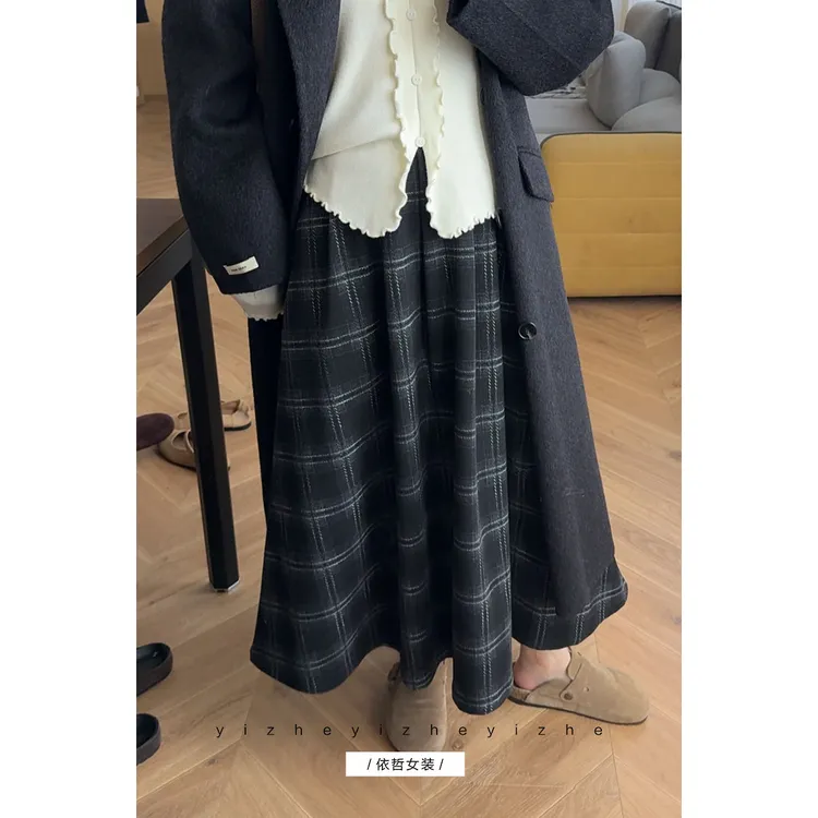 “”灰调大格“”格子半身裙厚款女秋冬呢半身裙显瘦A字半身裙