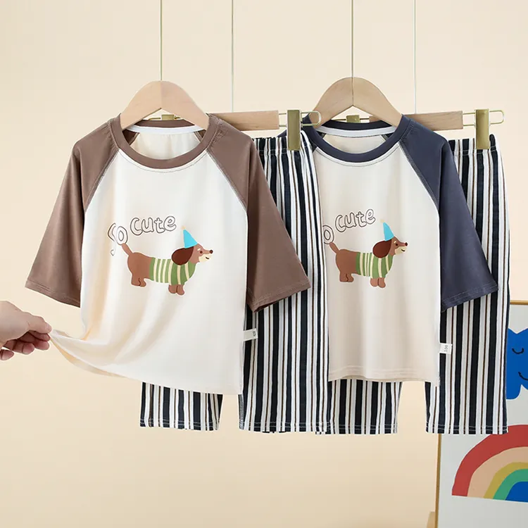 儿童套装男童自带冰感夏季两件套2025新款空调服七分袖超薄短袖女