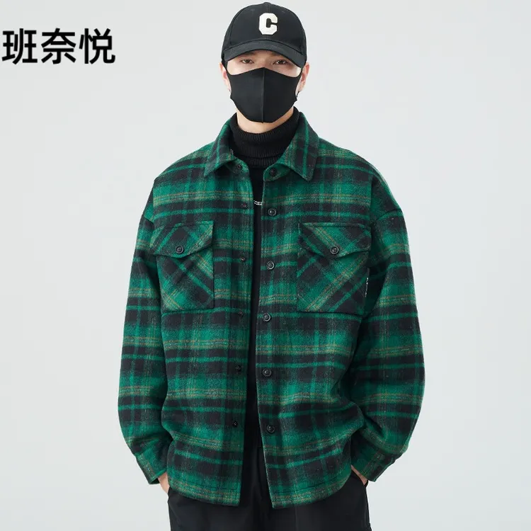 毛呢衬衫领羽绒服男士秋冬季2025新款轻薄白鸭绒翻领格子外套男潮