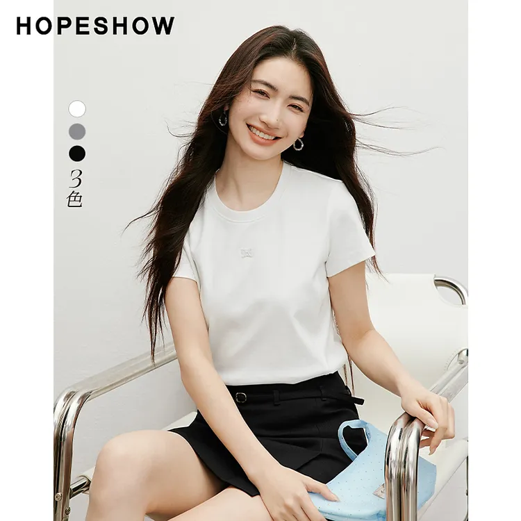 红袖2025夏季新款女装 主题绣花标正肩圆领套头T恤90125110205