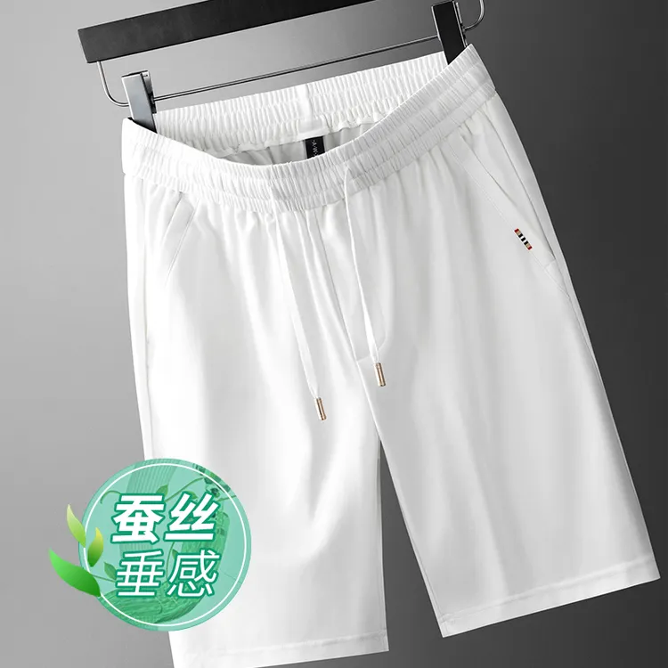 景君澜高档蚕丝五分裤男夏季薄款宽松直筒轻薄透气白色短裤男中裤