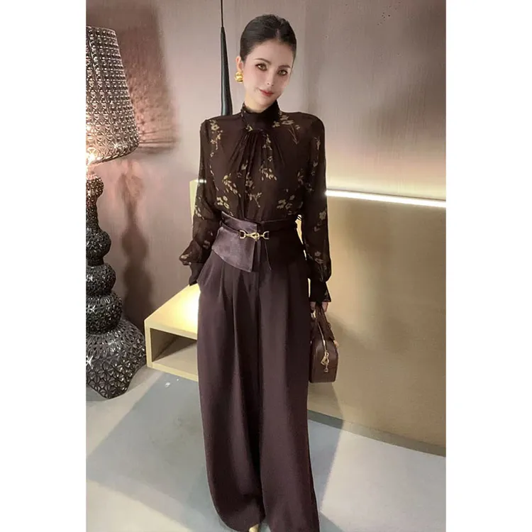 翻边拼接腰封阔腿裤K31040