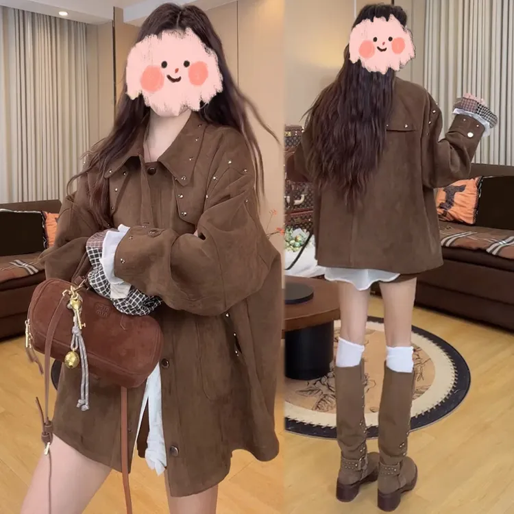 设计款宽松麂皮短外套女2025春秋季新款复古洋气时尚慵懒风夹克衫