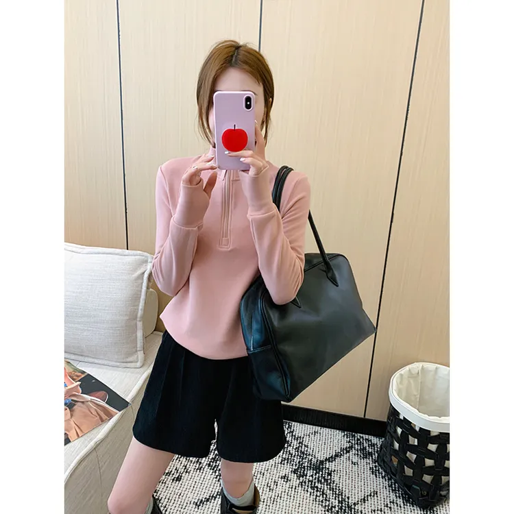 立领显瘦纯色打底长袖上衣女秋冬德绒内搭保暖半拉链修身百搭小衫