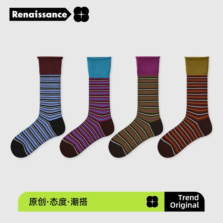 文艺复兴秋冬撞色条纹新精梳棉中筒女袜流光风复古时尚搭配堆堆袜