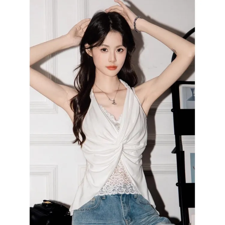 蕾丝吊带美背女自带一体式固定胸垫修身百搭打底上衣