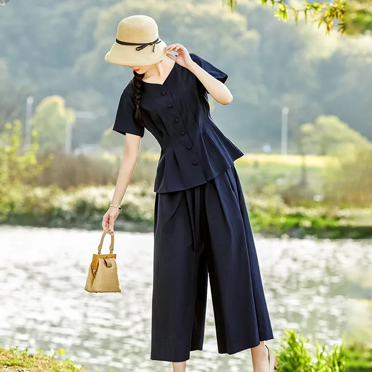 时尚休闲微胖大码套装女夏装新款收腰上衣阔腿裤裙遮肉两件套