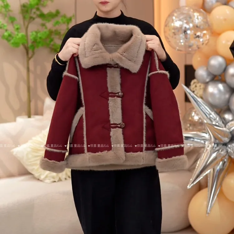 2024新款女童皮毛一体外套秋冬款大童羊羔绒上衣儿童加绒厚毛毛衣