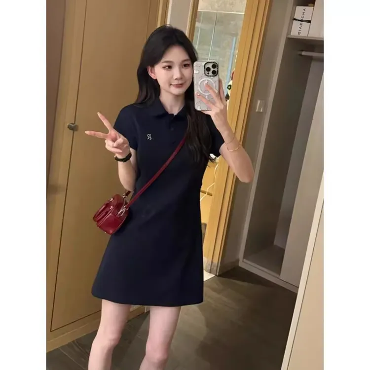 polo领短袖t恤连衣裙女夏季洋气小个子收腰显瘦休闲减龄a字连衣裙