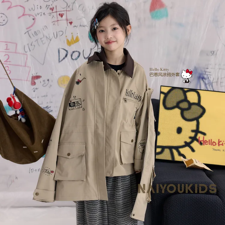 【涂鸦凯蒂】女童2025新款春秋季Hello Kitty儿童韩版翻领外套Y6619