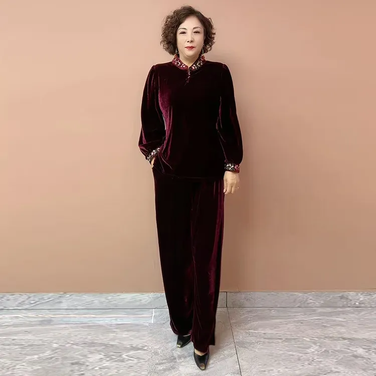 H秋季新款高品质丝绒国风刺绣领上衣纯色小衫阔腿裤大码妈妈套装