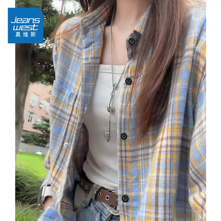 真维斯外套女款早秋格纹时尚感翻领上衣小个子通勤风百搭长袖衬衫