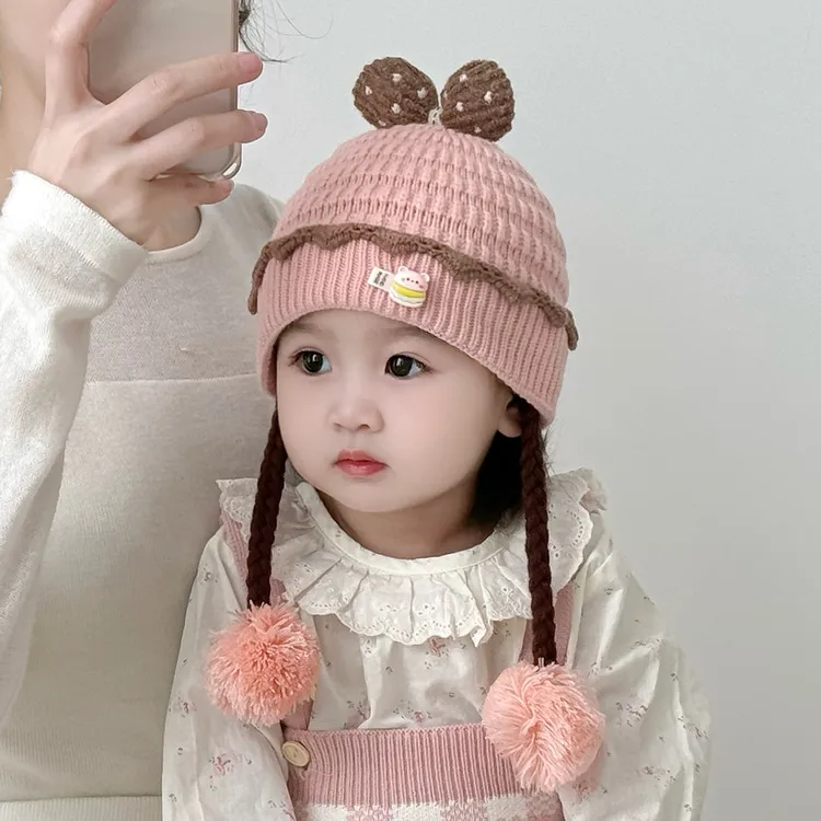假发帽子婴儿带辫子宝宝帽秋冬女孩女童护耳帽外出保暖针织毛线帽