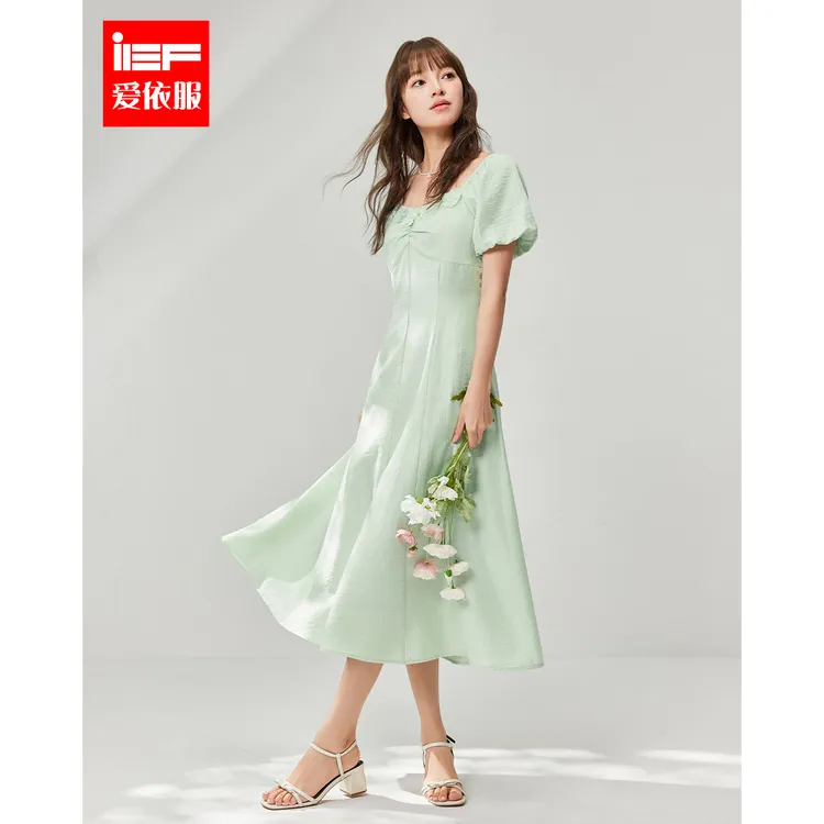 IEF/爱依服连衣裙2025夏季新款韩版温柔气质感泡泡袖设计连衣长裙
