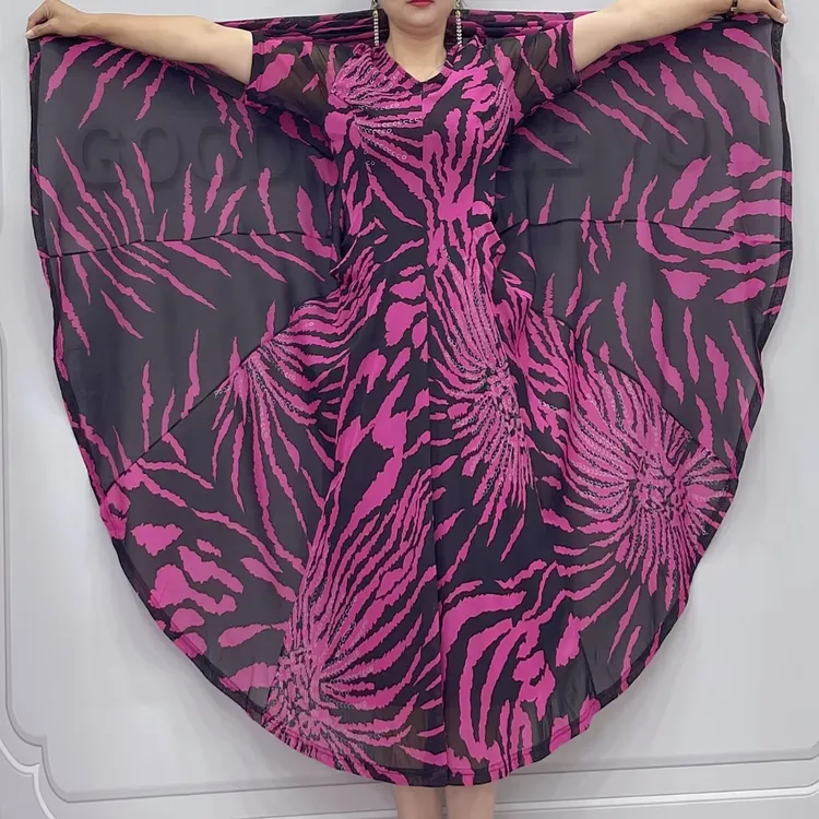 紫色烫金大花高弹力遮肉显瘦大摆连衣裙