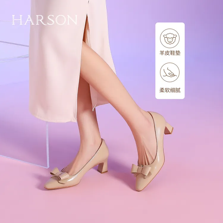 【专柜同款】春秋新款气质高跟鞋蝴蝶结粗跟软面小皮鞋单鞋HL247927