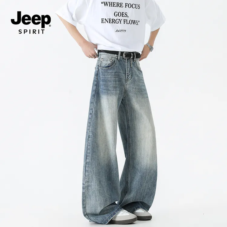 JEEPSPIRITvibe弯刀牛仔裤男秋水洗做旧潮流美式高街竹节宽松阔