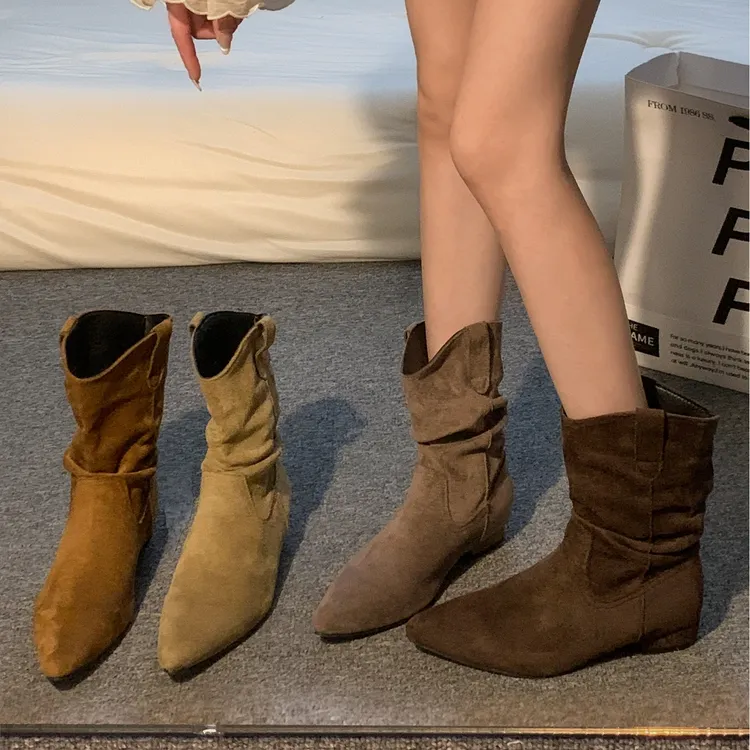 贾不假尖头复古绒面短靴女2025新款秋冬百搭洋气堆堆靴小个子增高