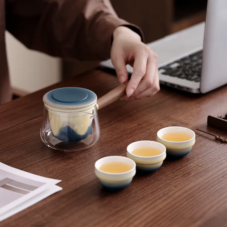 粗陶见山系列旅行茶具加厚高硼硅木纹侧把可拆便携美观室内外泡茶