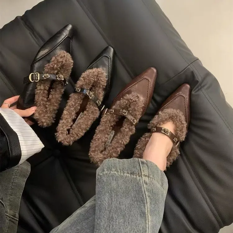 法式内增高秋冬毛毛棉鞋单鞋女鞋新款尖头高级感豹纹玛丽珍晚晚鞋