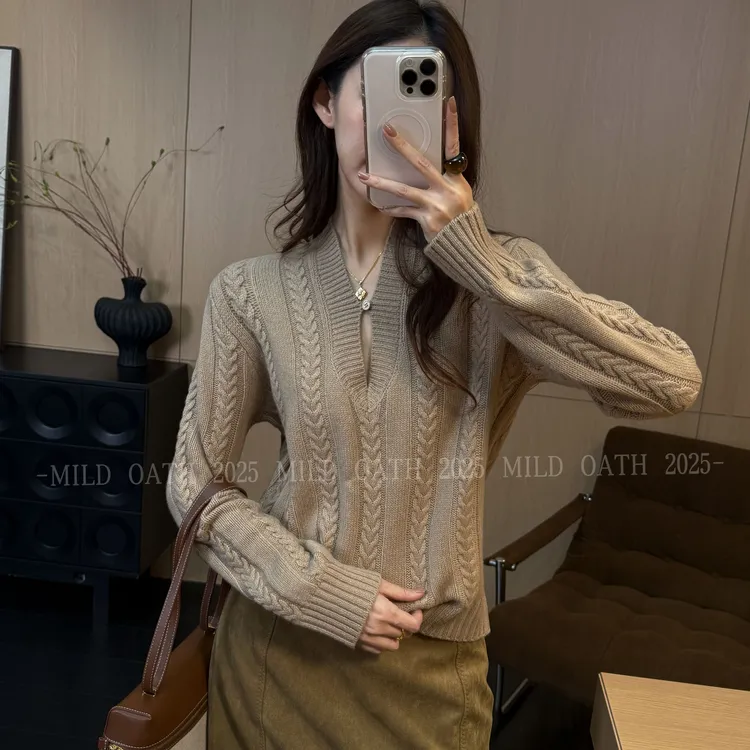 MILD OATH【温柔优雅】100绵羊毛冬季新款老钱风经典麦穗绞花针织衫