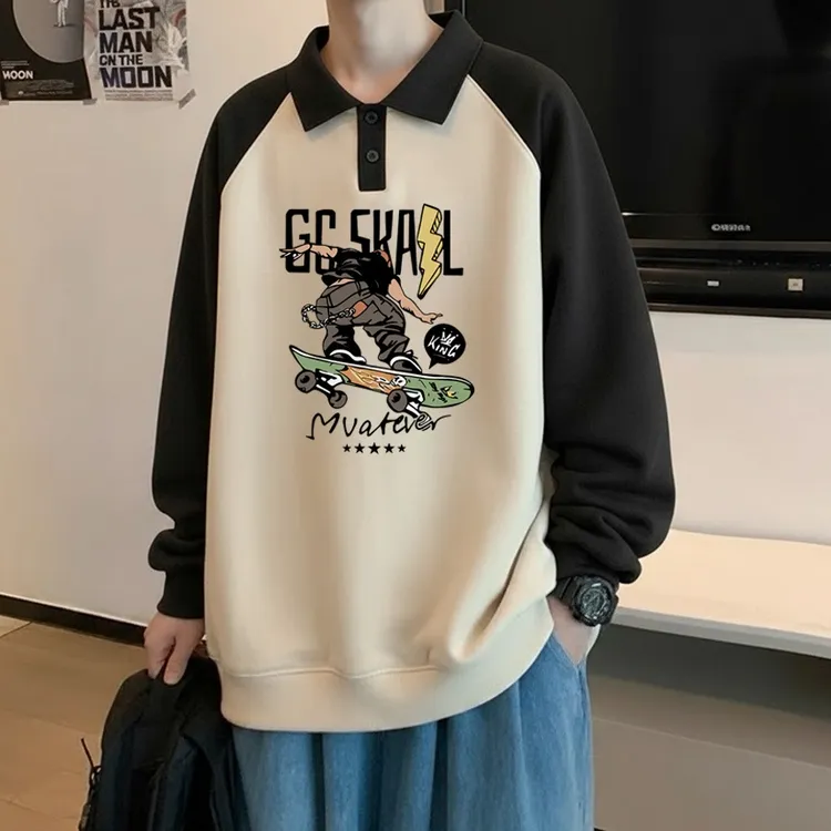 潮牌美式大码polo衫拼色卫衣男款秋冬痞帅休闲外套长袖上衣青少年