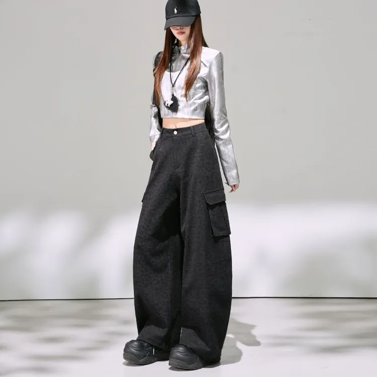 SM潮流美式复古豹纹弯刀工装阔腿裤女秋装新款酷飒风休闲拖地裤子