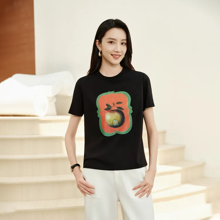 EP雅莹高端系列 艺术感印花挺括舒适丝棉圆领短袖T恤 25早秋5301B